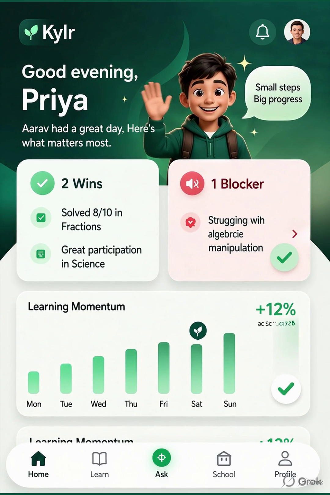 Kylr home screen with learning wins and blockers